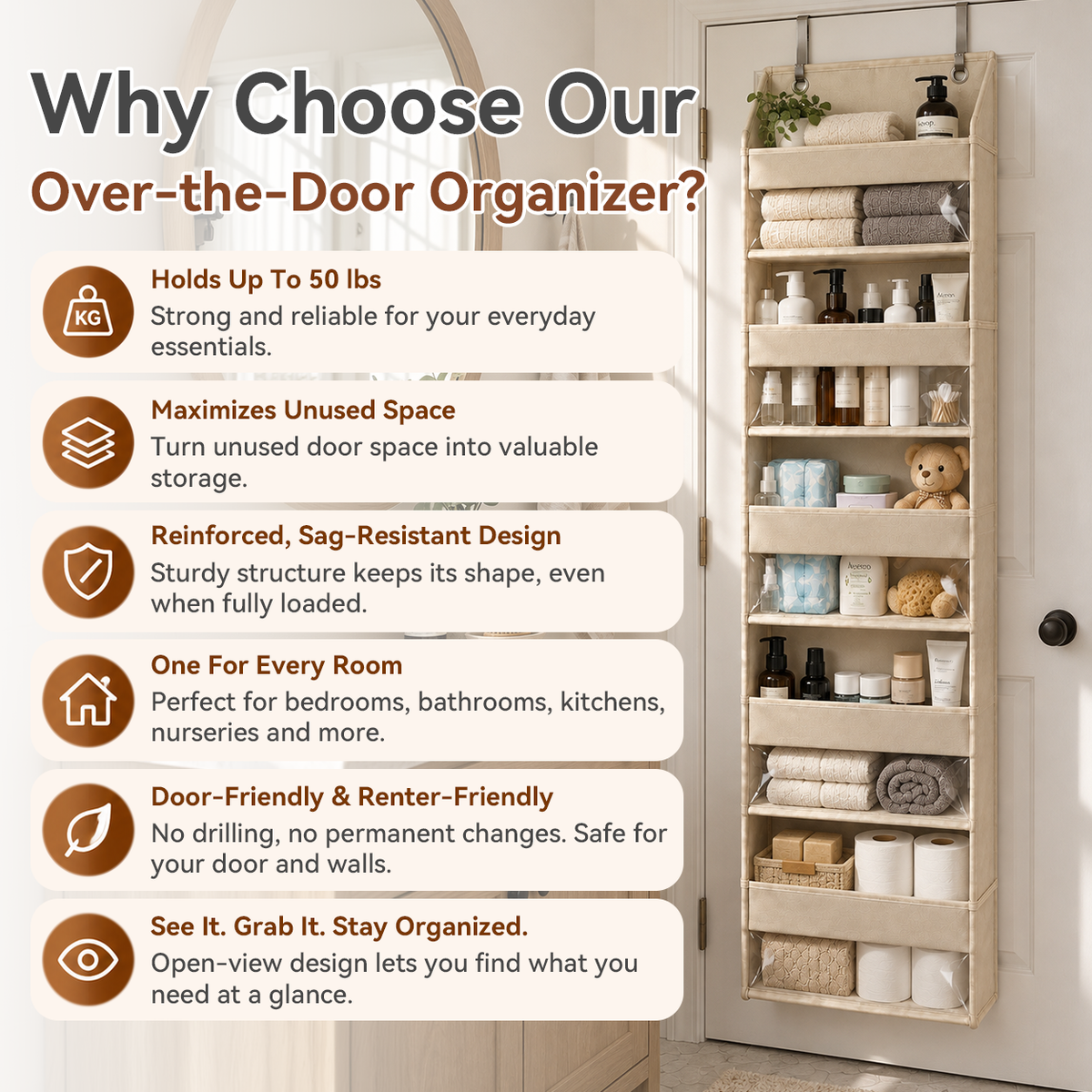 TODAY'S SPECIAL OFFER | Over the Door Organizer with Pockets for Bedroom, Bathroom, Pantry & Closet Storage，6-Tier