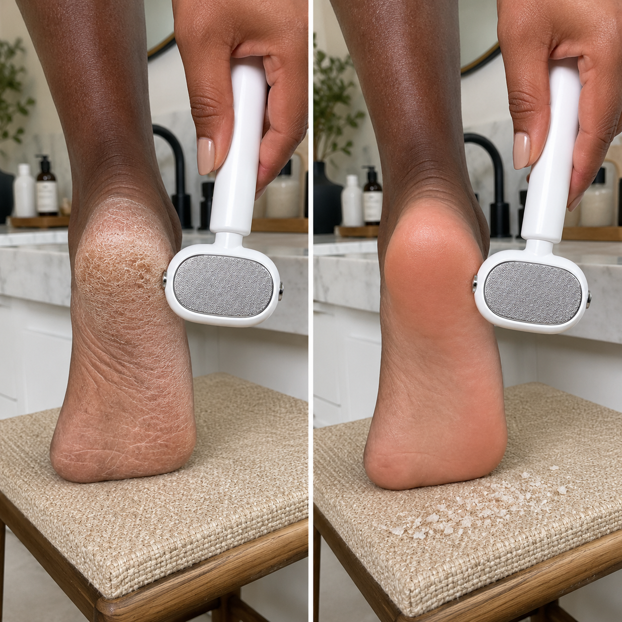 Before and after cracked heel smoothing results