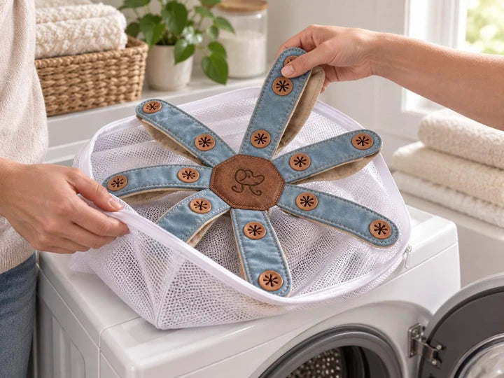 Preparing the Dogtopus enrichment toy for gentle machine washing in a mesh laundry bag