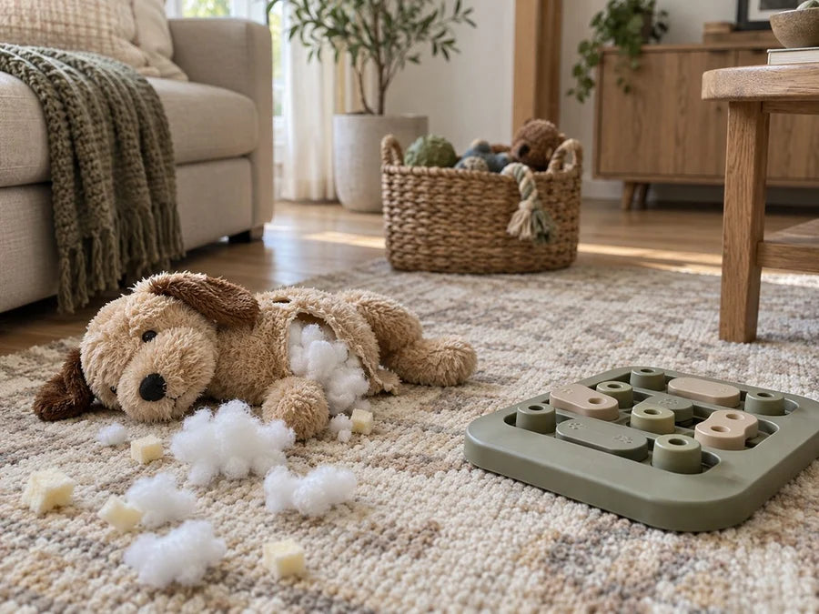 Dog toys and a puzzle toy on a living room rug
