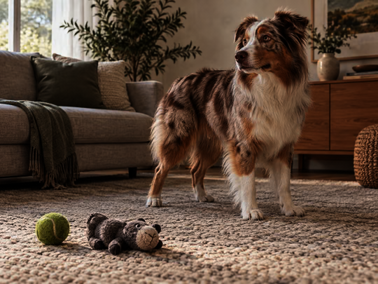 A curious dog exploring toys in a cozy living room