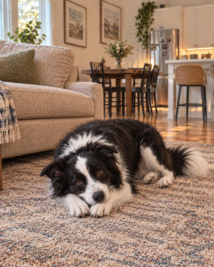 A dog relaxing on the living room rug before playtime