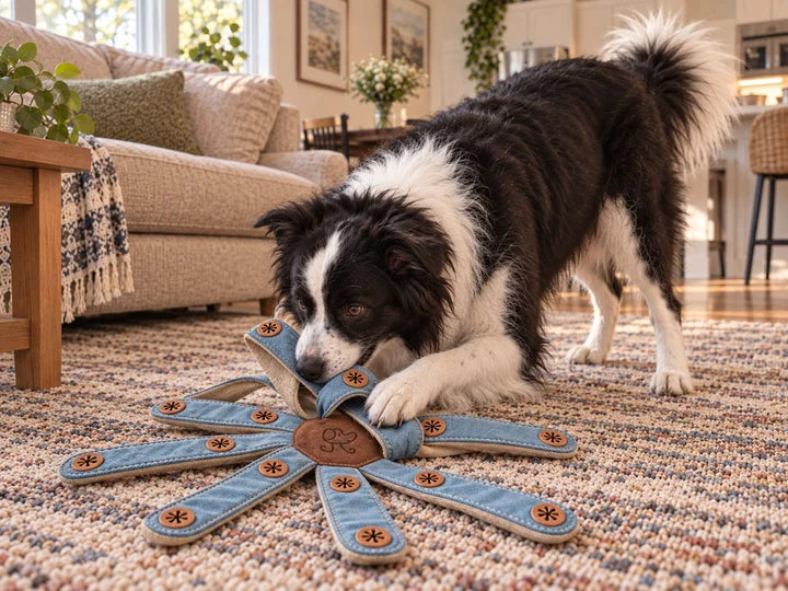 A curious dog exploring the Dogtopus enrichment toy