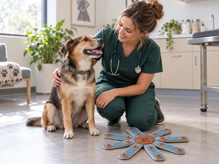 A veterinarian spending time with a dog beside the Dogtopus enrichment toy